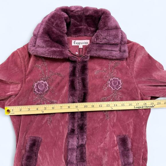 NWT Y2K Cappuccino Faux Fur Embroidered Velour Jacket Sz L - Pink Bratzcore Coat - Picture 7 of 8